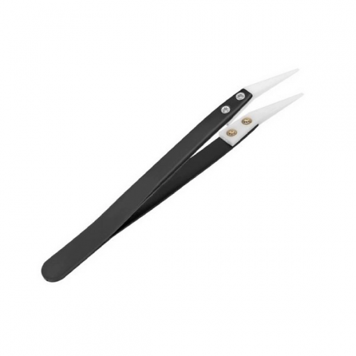 Curved metal tweezers with ceramic straight tip - black